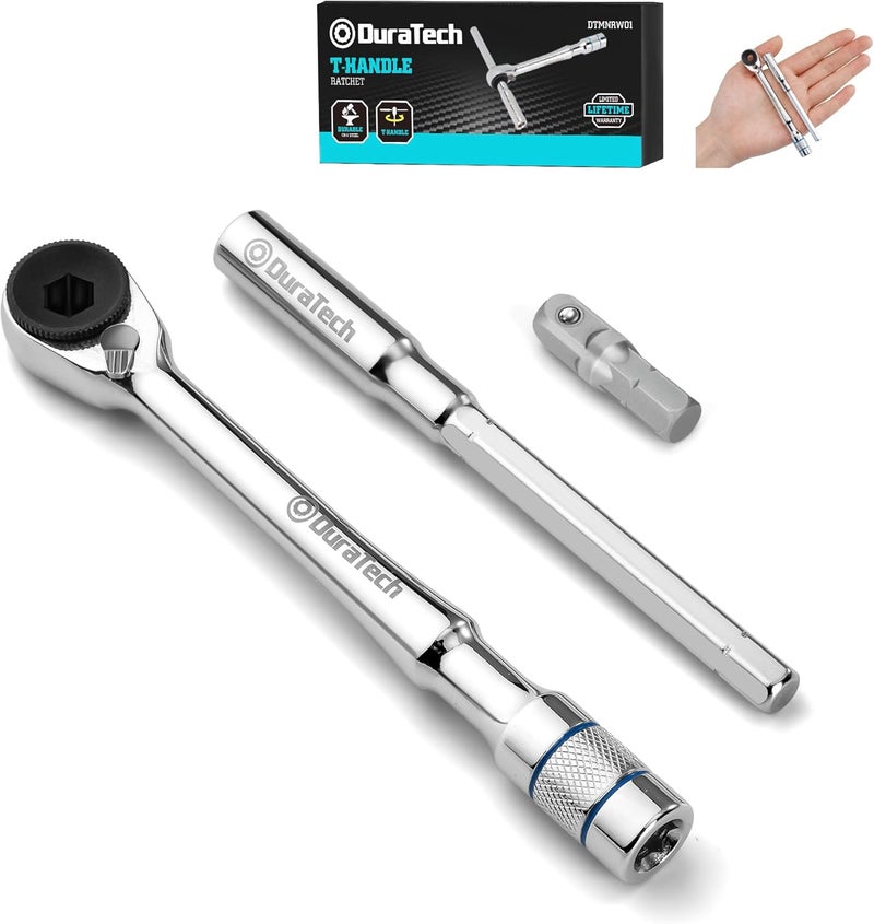 DURATECH 1/4" T-Handle Ratchet, Mini Ratchet Wrench with Hex Bit Extension and Adapter Set, Compatible with Standard 1/4" Hex Bits or Sockets, Portable and Versatile Repair Tool for Tight Spaces - Image 1